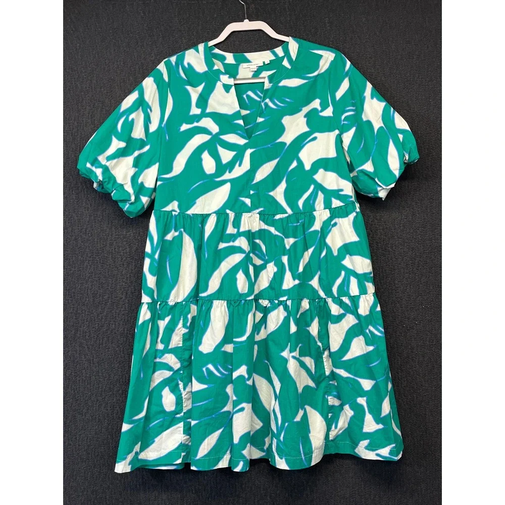 Chicos Green White Tropical Leaf Pima Cotton Tiered Puff Sleeve Dress Size 2 12